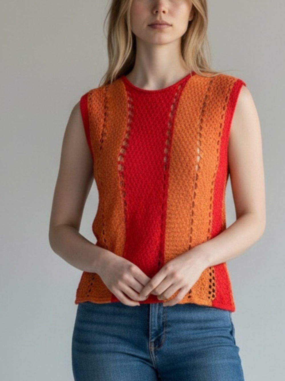 ZARA Red & Rust Colorblock Knit Sleeveless Top Open Crochet Sweater Vest Large